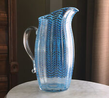 Antique Signed Libbey Nash Art Glass Blue Wave Herringbone PITCHER 10