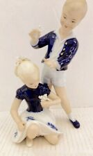 Vintage Wallendorf Cobalt And White Boy And Girl Figurine Holding Flower  picture