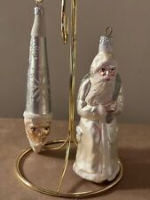 2 Vintage PATRICIA BREEN Santa Claus Christmas Ornaments SILVER & WHITE Glitter picture