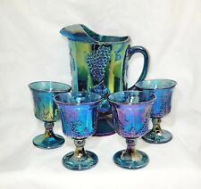 Vintage Indiana Carnival Glass Blue Harvest Grape Water Pitcher With 4 Goblets picture