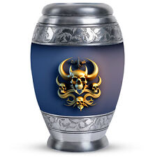 Cremation Memorial Gold Skull With Horns Horns Is Blue (10 Inch) Large Urn picture