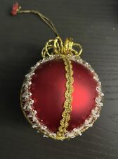 Vintage Lace Banded Antique Glass Ball Bulb Christmas Ornament XMAS Red And Gold picture