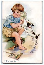 Artist Signed Postcard Little Kid Aren't They Fine Fish In Glass Dog c1910's picture