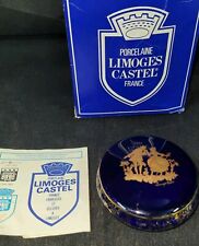 Limoges Castel Porcelaine Navy Blue 22K Gold Trim Oval  Trinket Dish w/Lid NIB picture
