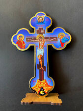 Greek Russian Orthodox Handmade Wooden Cross on Stand Lithography Icon Crucifix picture