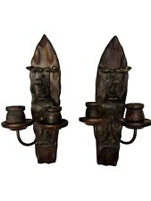 Vintage Set Torch Candle Wall Sconce Wood Metal Gothic Medieval Dungeon Spain picture