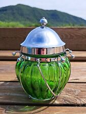 Vintage Emerald Silver Tone Glass Music Jar Decor Plays Love Story Japan Works  picture