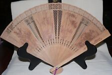 Chinese FOLDING WOODEN HANDHELD Carved CHINESE FAN in Original Box-Vintage picture