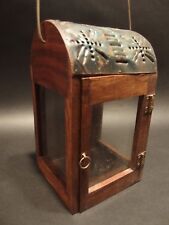 Antique Style Wood Punched Tin Glass Lantern Lamp Candle Holder  picture