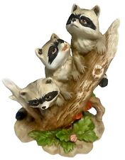 HOMCO Three Raccoons Figurine On Stump Porcelain Bisque 6