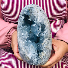 6.99LB natural blue celestite geode quartz crystal mineral specimen healing picture