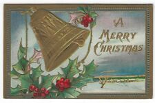 (2) Diff. Vintage Christmas Greetings Postcards, Gold Bells, Holly & Berries picture