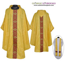 NEW V COLLAR YELLOW GOTHIC Vestment & Stole Set Lined Chasuble,Casel,Casulla picture