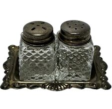 Vintage Mini Cut Glass Salt And Pepper Shakers With Silver Plated Tray Hong Kong picture