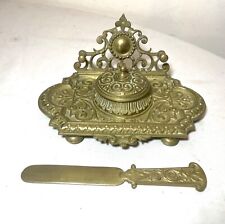 antique ornate 19th century Victorian gilt brass desk inkwell stand tray letter picture