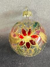 Vintage Hand Painted Poinsettias and Gold Glitter Blown Glass Ornament #1 picture
