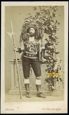 man in amazing strange costume, pipe, halbert, tusks, antique CDV, 1870's MERAN picture