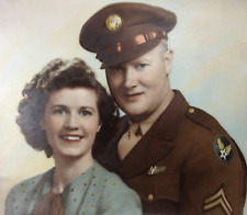 WWII Army Air Corps Aerial Gunner Wings Handsome Couple Hand Colored Photo 1940s picture