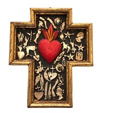 Wood Cross Mexican Milagros Folk Art SACRED HEART Gold tone Dimensional Handmade picture