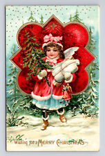 Merry Christmas Girl Angel Gifts Tree Dolls Germany WS Embossed Postcard picture
