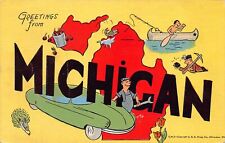1948 Michigan MI Greetings From Larger Not Large Letter Linen 14526N-C.M.3 PC picture