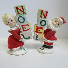 Vtg Napco Santa Mrs Claus Salt Pepper Shakers Flocked Clothes NOEL Orig Stickers picture
