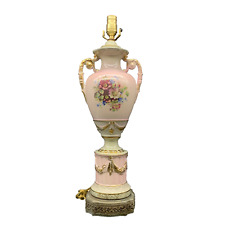ATQ Victorian Porcelain Vase Lamp Hand Painted Pink Floral Decor Filigree Base picture