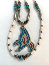 Vintage Necklace Eagle Turquoise Coral Shell Silver Beads Double Strand 25