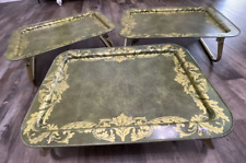 VINTAGE LaVada Lot Of 3 Metal Lap TV Trays Folding Legs 1960's 1970's Green/Gold picture