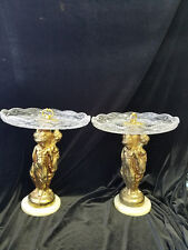 Antique Pair Angel metal golden figure pressed Glass Centerpieces Fruit Platter picture