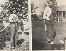 Lot of 2 Antique Photos Hardworking Farmer Overalls Holding Scythe Sickel Rural picture