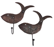 2 Fish Whale Primitive Rustic Rusted Metal Cut Out Hanger Nautical Wall Hooks picture