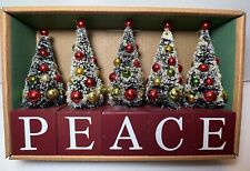 NIB Lot 5 PEACE Block Bottle Brush Tree Figures Vintage Look Christmas Decor picture