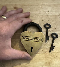 Winchester Rifles Padlock Heart Lock Collector Key Patina Brass Metal Gunsmith picture