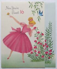 Vtg MCM Sweet Sixteen 16 Birthday Card-LOVELY GIRL IN PINK DRESS SMELLS FLOWERS picture