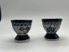 Vintage Boleslawiec Polish Pottery Egg Cups Blue And Cream. Set of 2 - 2