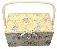 Vintage 80s Floral Sewing Basket - Wood with fabric and lace, Inner pocket picture