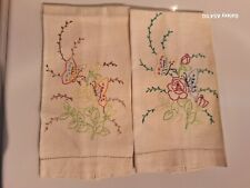 Vintage Linen Hand Embroidered Dish Towels Butterflies Flowers Vines 19