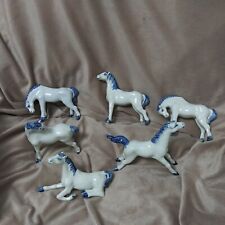 6 Vtge/Antique Ceramic Porcelain White & Blue HORSE Sculpture/Figurines  picture