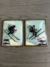 Vintage 1940s Reverse Painting on Glass - Skier - Silhouettes picture
