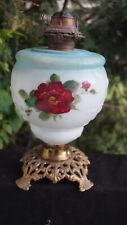 Antique 1890s Consolidated EMBOSSED  Milk Glass Oil Lamp - HAND PAINTED ROSES picture