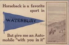 Waterbury, CT: Pennant, Horse / Auto Automobile - vintage Connecticut Postcard picture