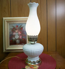Vtg Milk Glass Hurricane Lamp Quilted Waffle Boudoir Side Table Lamp 17.5