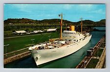 Panama Canal, Ship Passing Through Canal, Antique Vintage Souvenir Postcard picture
