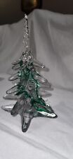 VTG Clear & Green Ribboned Crystal Art Glass Village Christmas Tree 8.5” picture