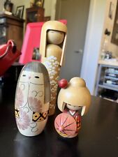 Vintage Japanese Kokeshi Doll Set of 3 Girls Kawaii, Wooden Folk Art 4.5” - 8.5” picture