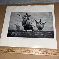 Antique 1907 Plate: Christopher Columbus Caravals in Sight of Land Ships Vessels picture