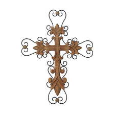 Brown Wood Carved Cross Cross Wall Decor with Metal Scrollwork picture