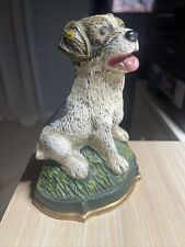 Vintage Cast Iron Doorstop Bookend Sitting Pup Dog 5” White Brown Green Gold picture