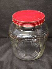 VINTAGE HOOSIER CABINET FARMHOUSE STYLE STORAGE JAR RED LID CLEAR GLASS picture